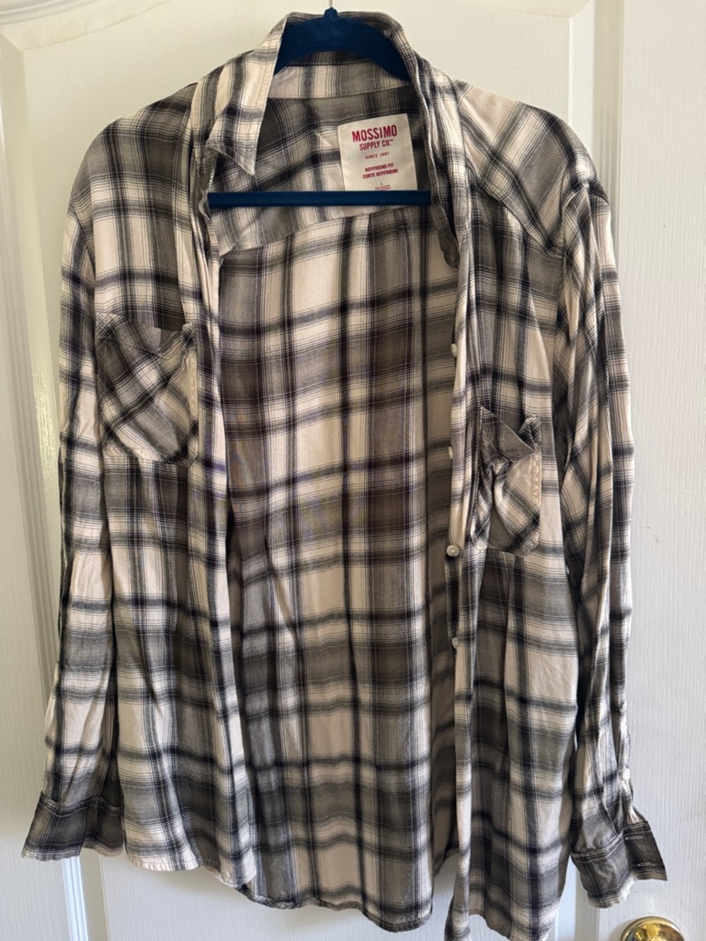 Mossimo Cream, Olive Green, Black Plaid Button-Up Shirt